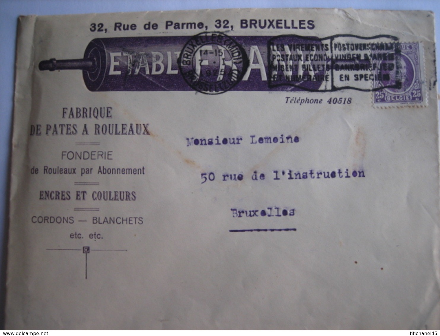 BRUXELLES 1925 - Enveloppe Publicitaire - Etablt. FRANK - Fabrique De Pates à Rouleaux, Fonderie, Encres & Couleurs - Imprimerie & Papeterie