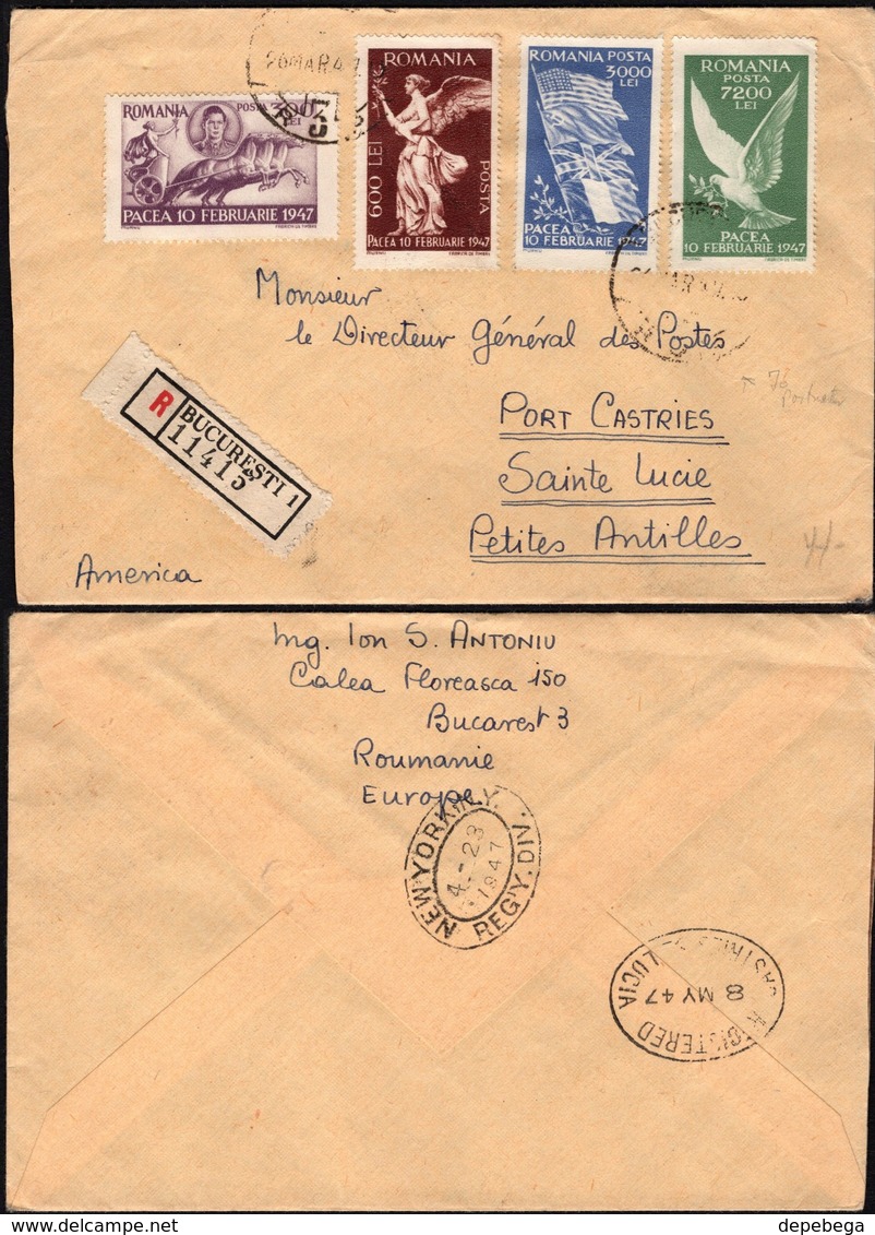 ROMANIA Registered (MiNr. 1024-1027 'Pacea - Peace, Set) Cover, BUCURESTI, 26 MAR 1947 To Sainte Lucie. - Lettres & Documents