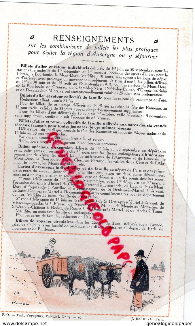 63- 87- 46-12--81-48- DEPLIANT SNCF- L' AUVERGNE CHEMINS FER PARIS ORLEANS-1913- LIMOGES-ISSOIRE-MENDE-FIGEAC-AURILLAC - Dépliants Touristiques