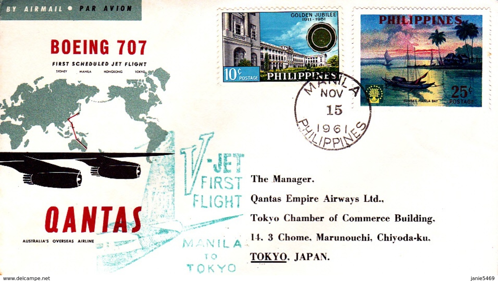 Australia 1961 Qantas First Flight From Manila To Tokyo, Flight Cover - Premiers Vols