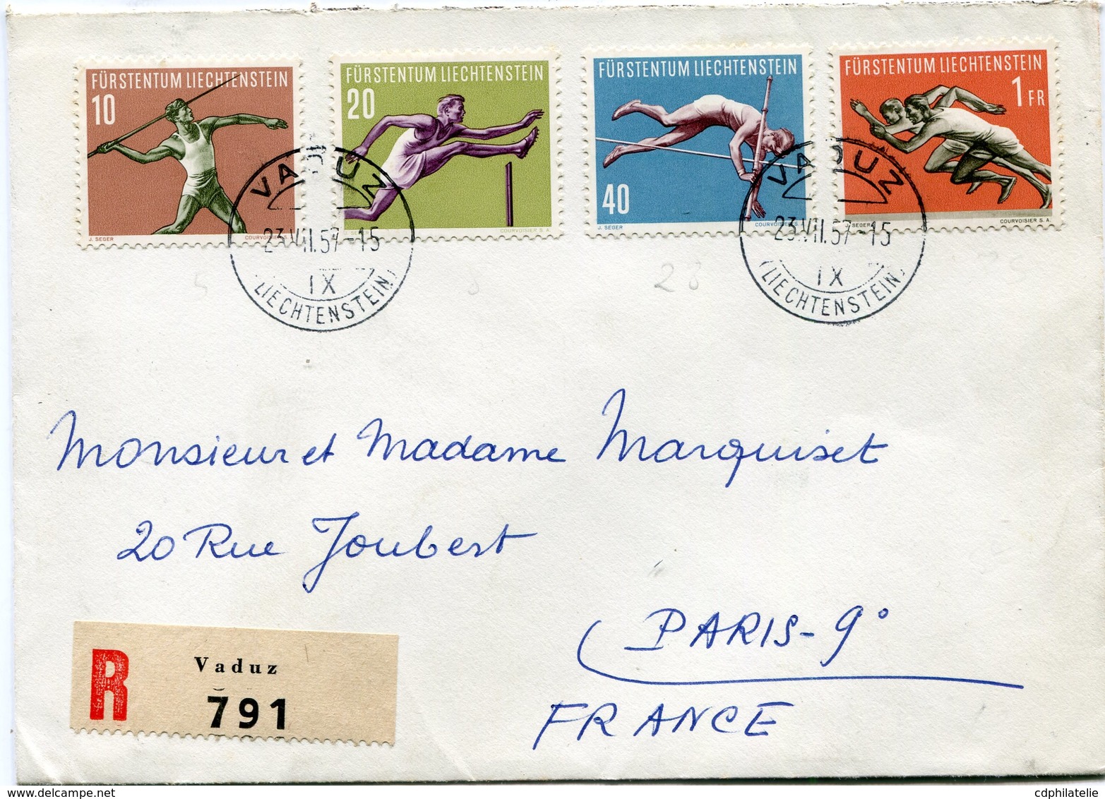 LIECHTENSTEIN THEME SPORTS LETTRE RECOMMANDEE DEPART VADUZ 23 VII 57 LIECHTENSTEIN POUR LA FRANCE - Covers & Documents