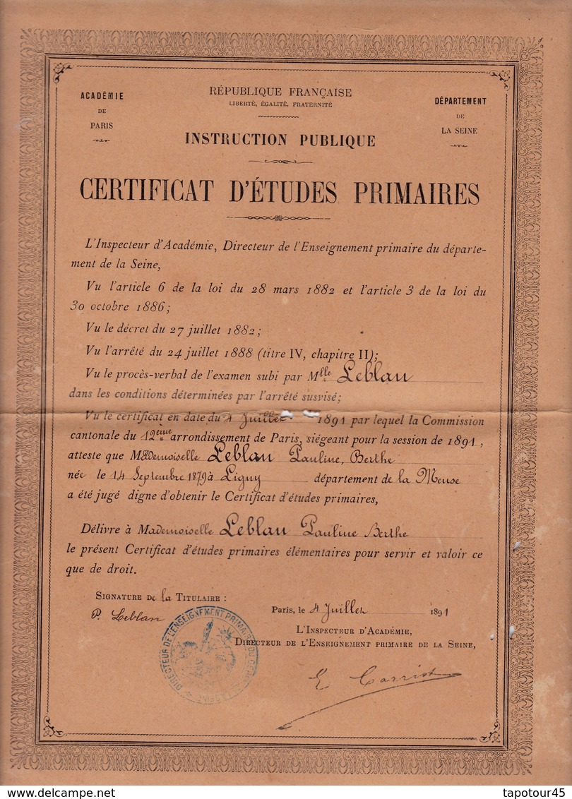 C 0)  Certificat D'Études Primaire 1891 Paris - Diplômes & Bulletins Scolaires