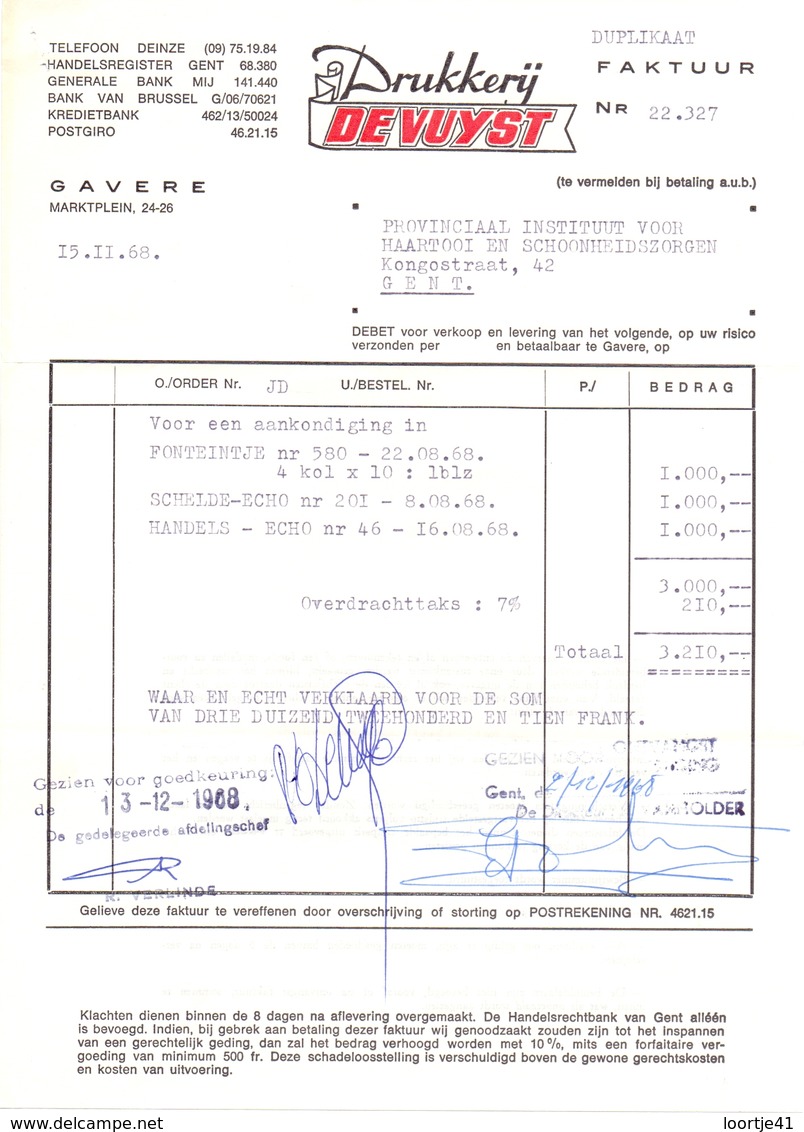 Factuur Facture  - Drukkerij De Vuyst - Gavere  1968 - Printing & Stationeries