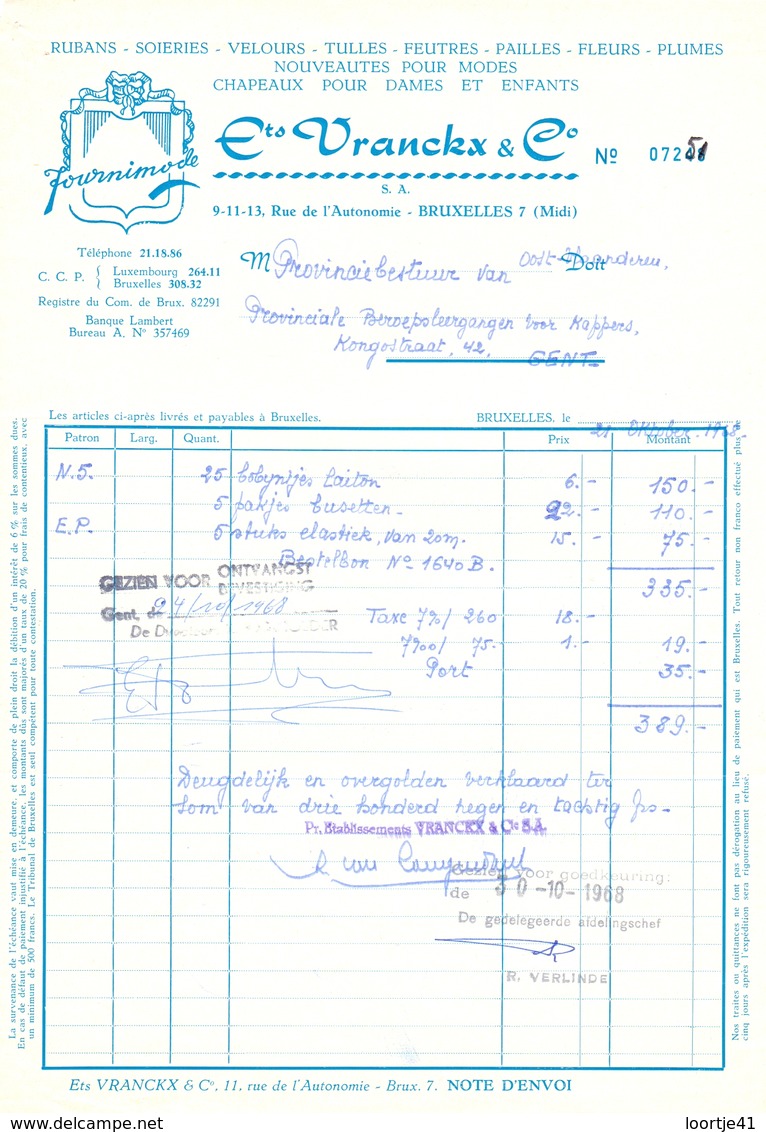 Factuur Facture  - Rubans Textiel - Ets Vranckx & Cie - Bruxelles 1968 - Vestiario & Tessile