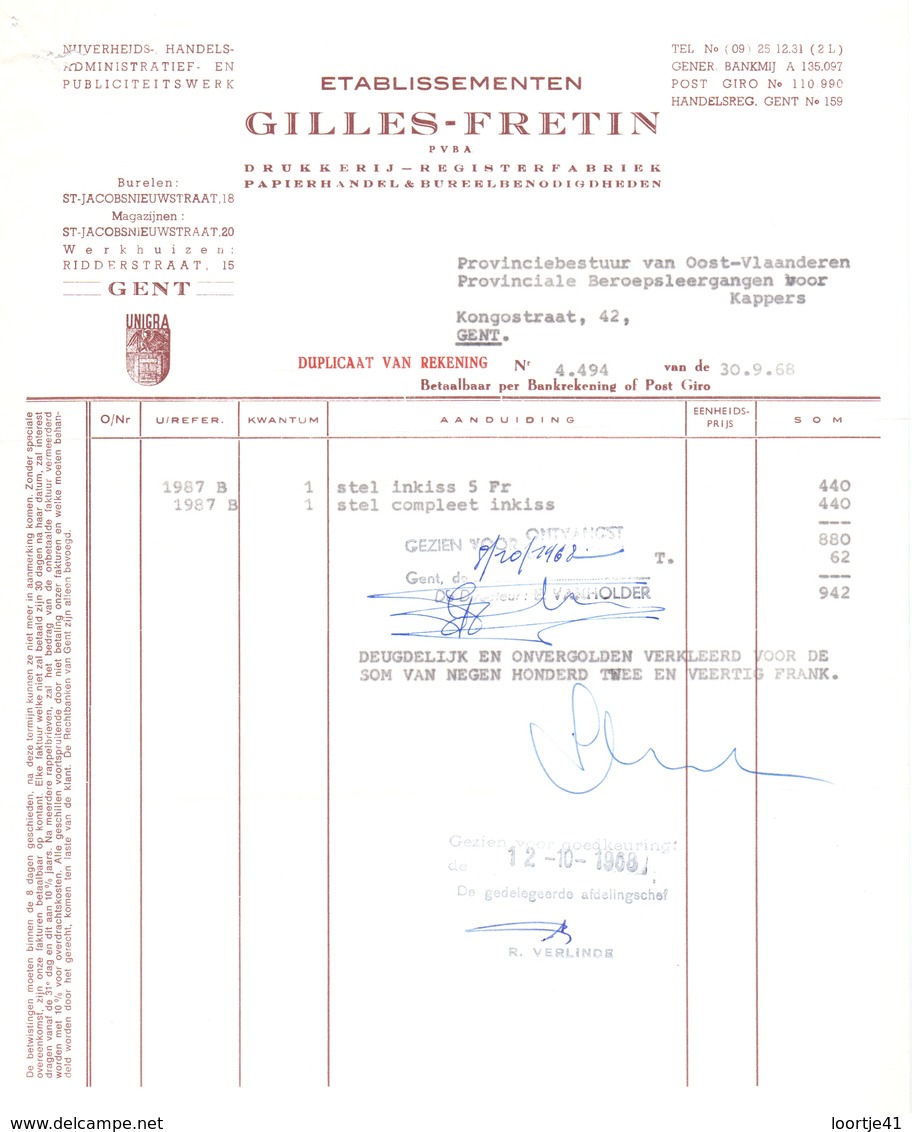 Factuur Facture  - Drukkerij Ets Gilles - Fretin - Gent 1968 - Printing & Stationeries