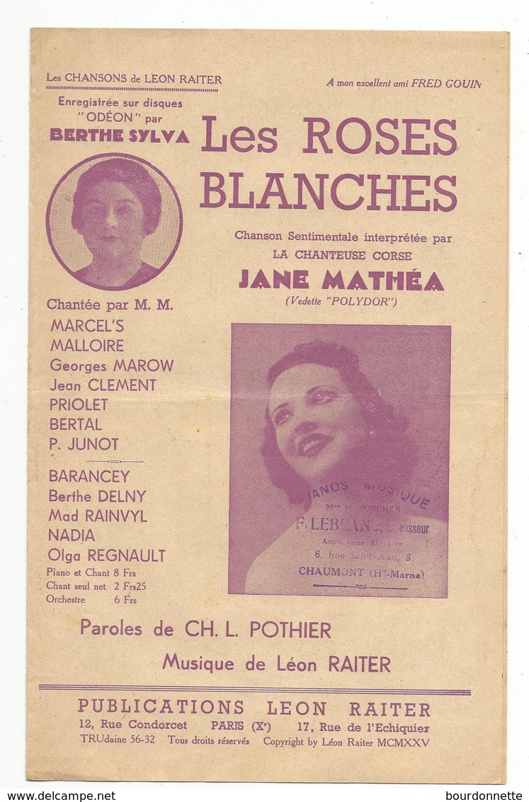 Partition  LES ROSES BLANCHES- JANE MATHEA- - Partitions Musicales Anciennes