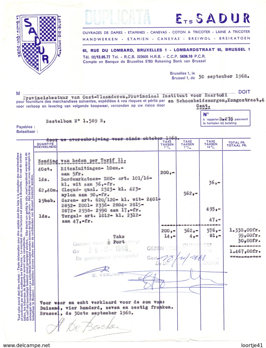 Factuur Facture  - Ouvrages De Dames  Ets Sadur - Bruxelles 1968 - Textile & Vestimentaire