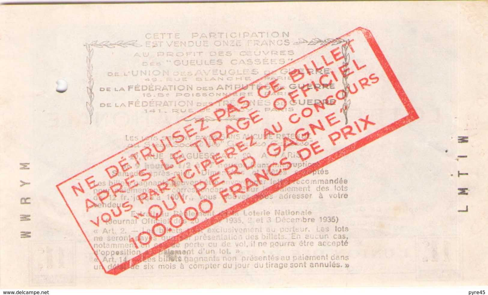 Billet De Loterie Nationale Les Gueules Cassées 1937, 11 ème Tranche - Billets De Loterie
