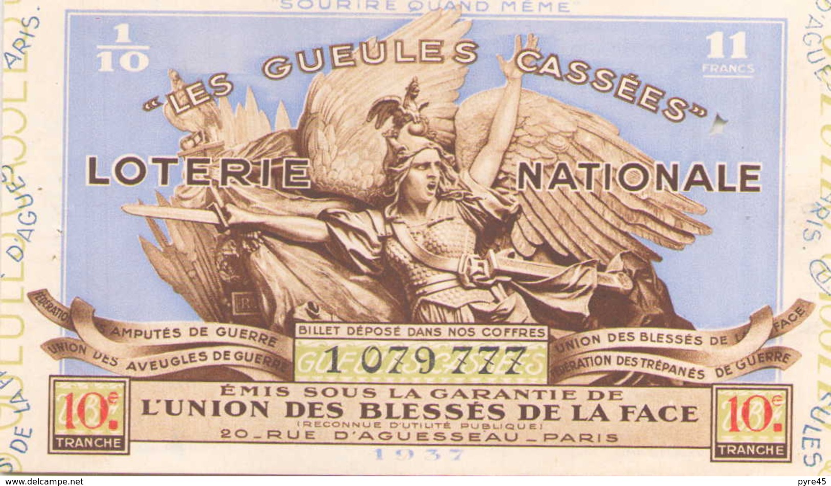 Billet De Loterie Nationale Les Gueules Cassées 1937, 10 ème Tranche - Billets De Loterie