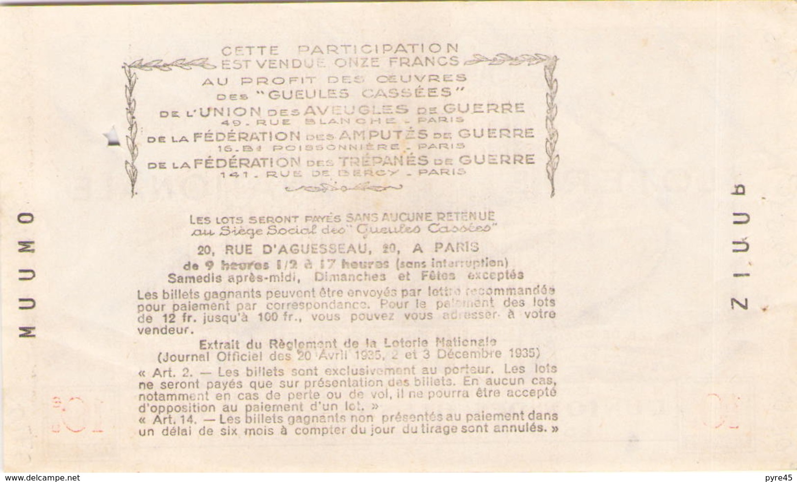 Billet De Loterie Nationale Les Gueules Cassées 1937, 10 ème Tranche - Billets De Loterie