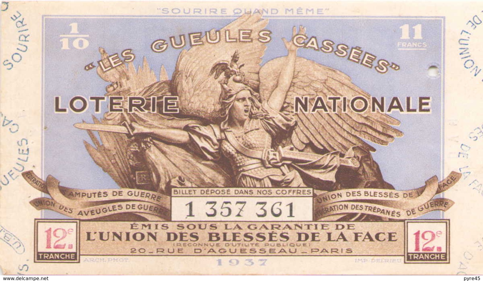 Billet De Loterie Nationale Les Gueules Cassées 1937, 12 ème Tranche - Billets De Loterie