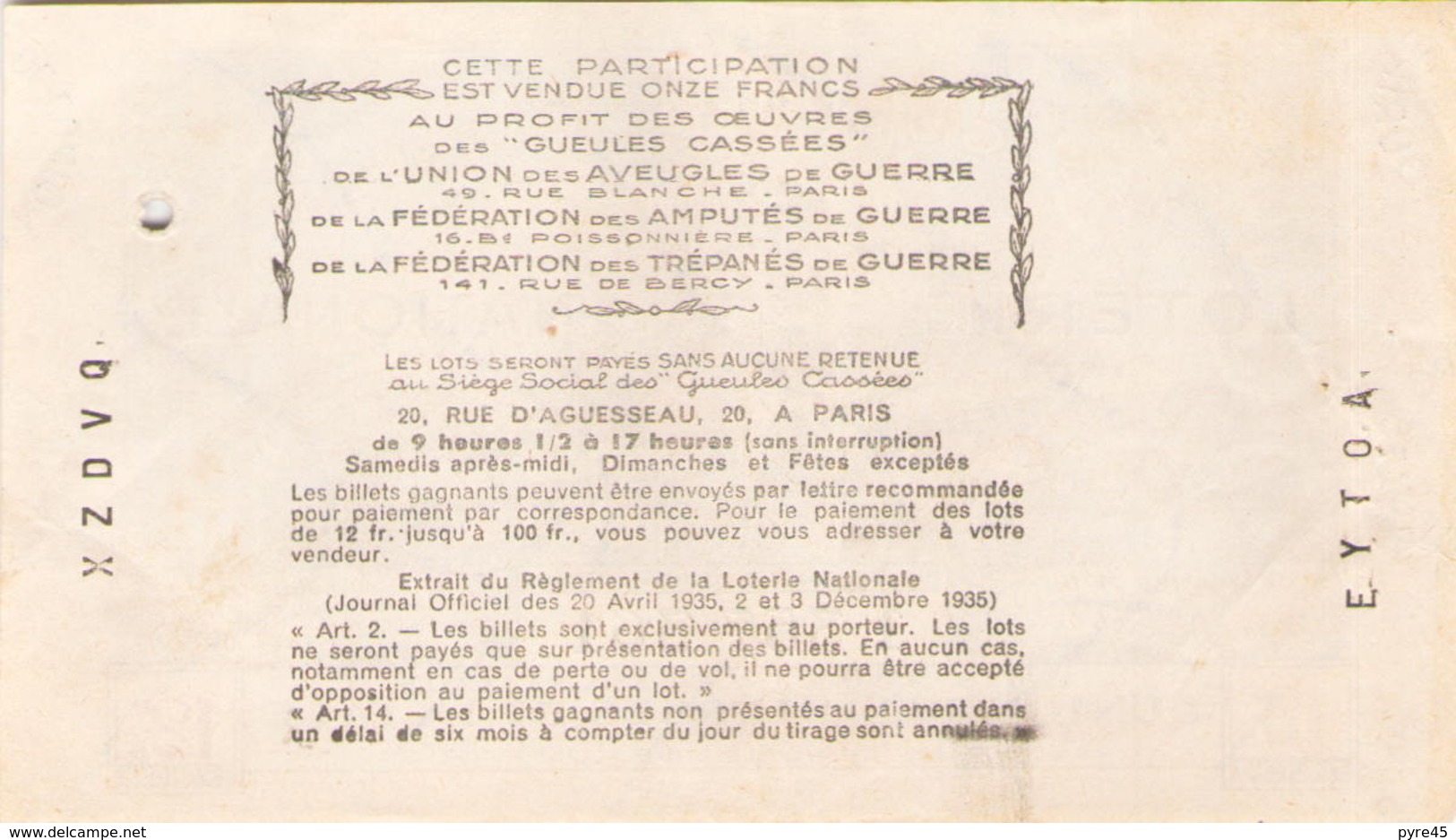 Billet De Loterie Nationale Les Gueules Cassées 1937, 12 ème Tranche - Billets De Loterie