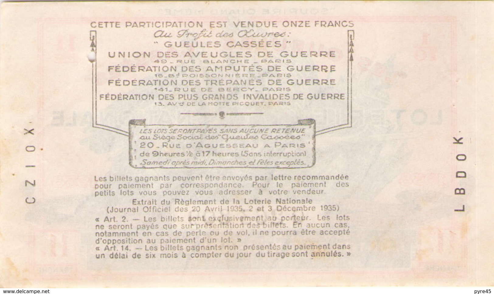 Billet De Loterie Nationale Les Gueules Cassées 1938 11 ème Tranche - Lottery Tickets