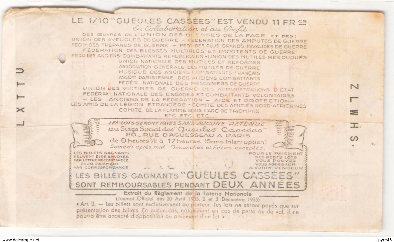 Billet De Loterie Nationale Les Gueules Cassées 1939 18 ème Tranche - Billets De Loterie