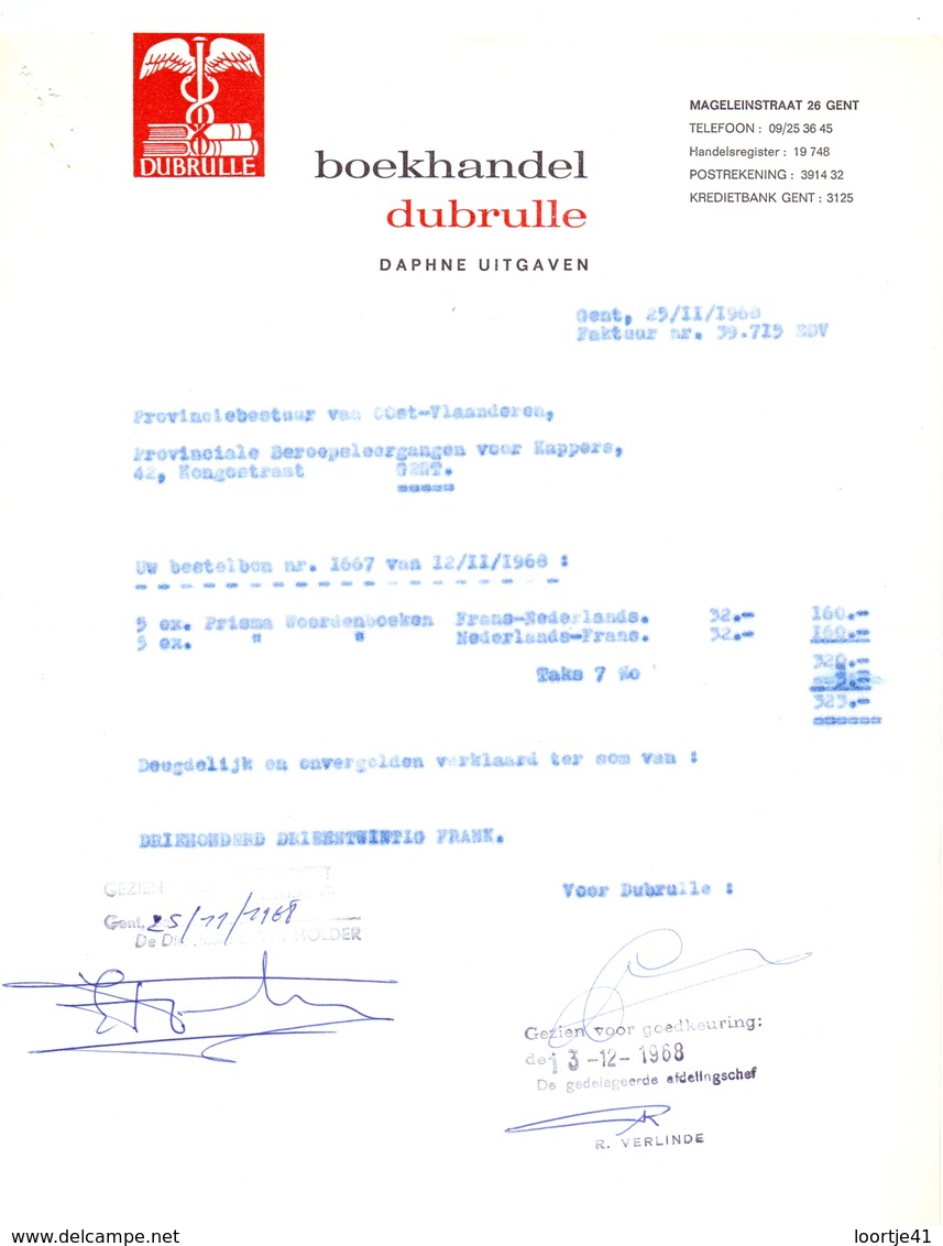 Factuur Facture  - Boekhandel Dubrulle - Gent 1968 - Imprenta & Papelería