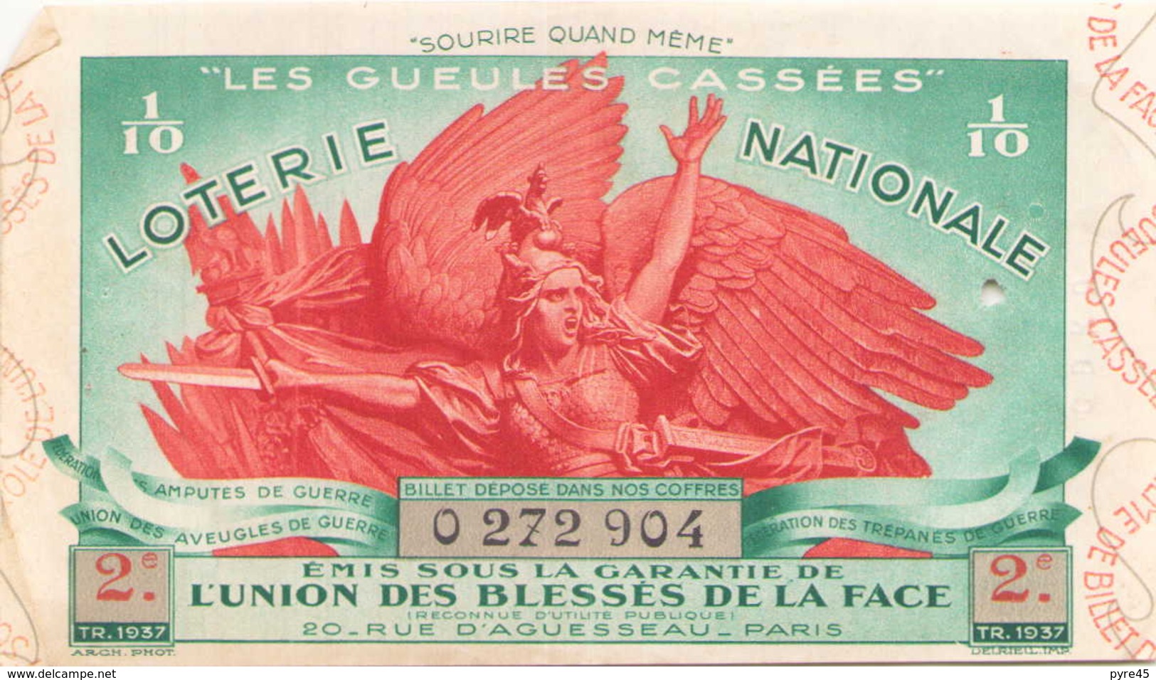 Billet De Loterie Nationale Les Gueules Cassées 1937 2 ème Tranche - Billets De Loterie