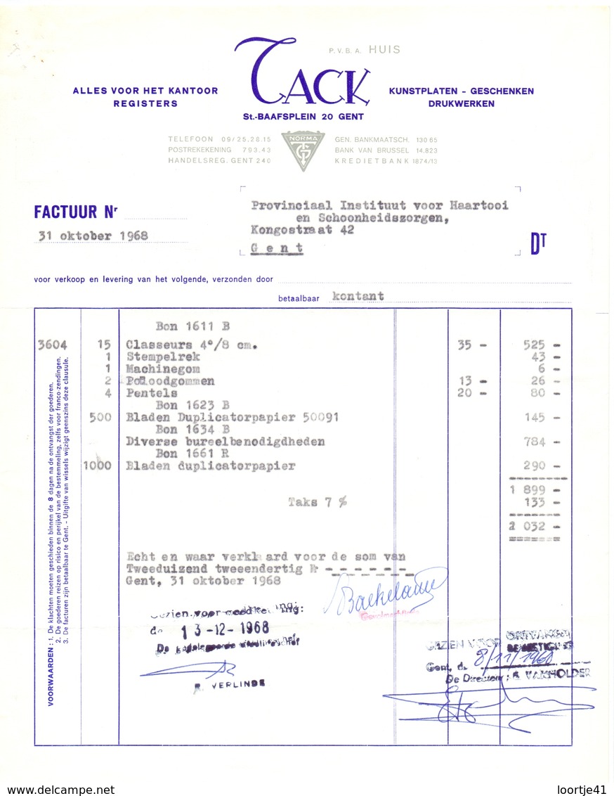 Factuur Facture  - Alles Voor Kantoor - Drukwerken TACK - Gent 1968 - Imprimerie & Papeterie