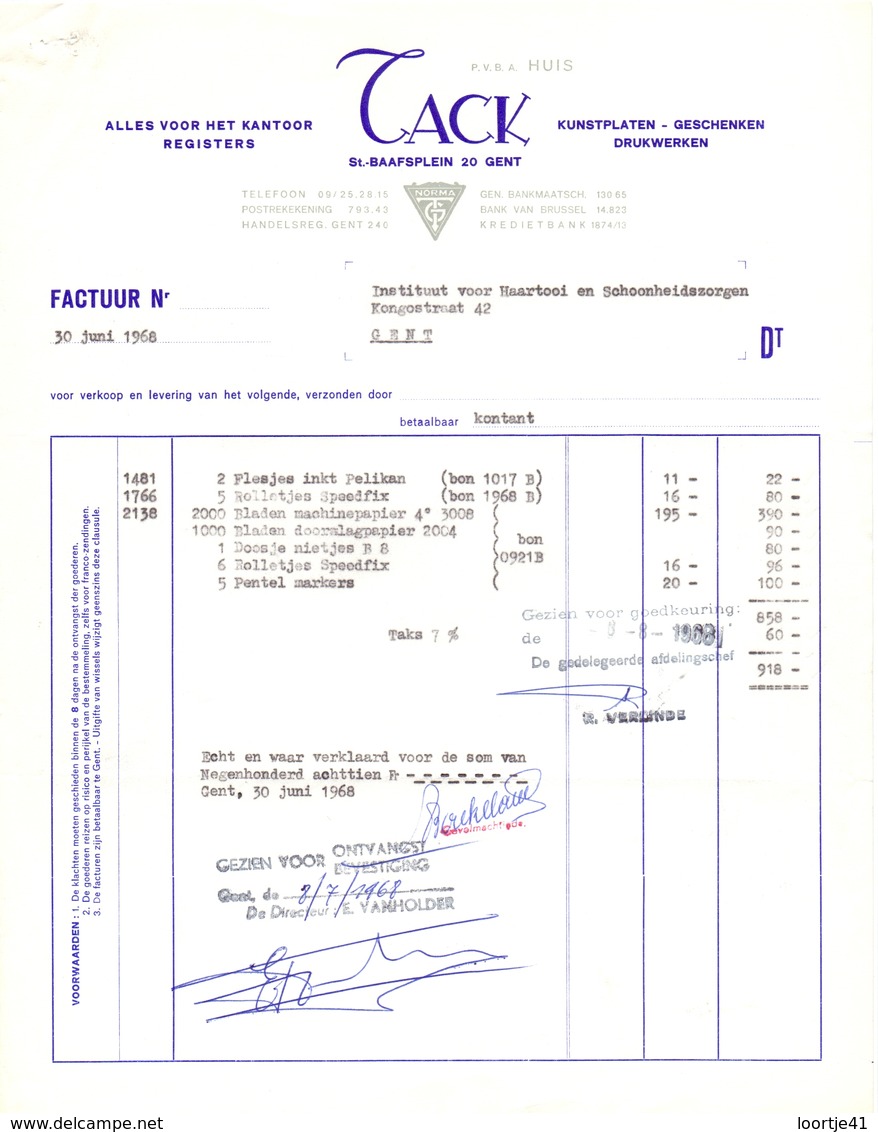 Factuur Facture  - Alles Voor Kantoor - Drukwerken TACK - Gent 1968 - Printing & Stationeries