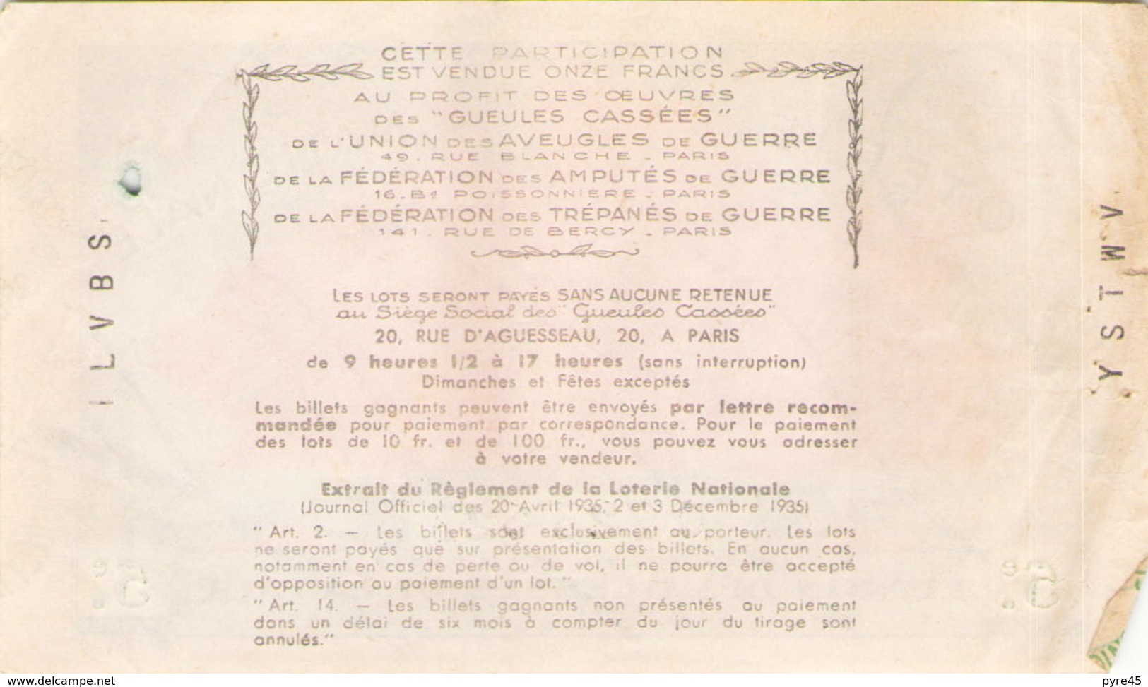 Billet De Loterie Nationale Les Gueules Cassées 1937 5 ème Tranche - Billets De Loterie