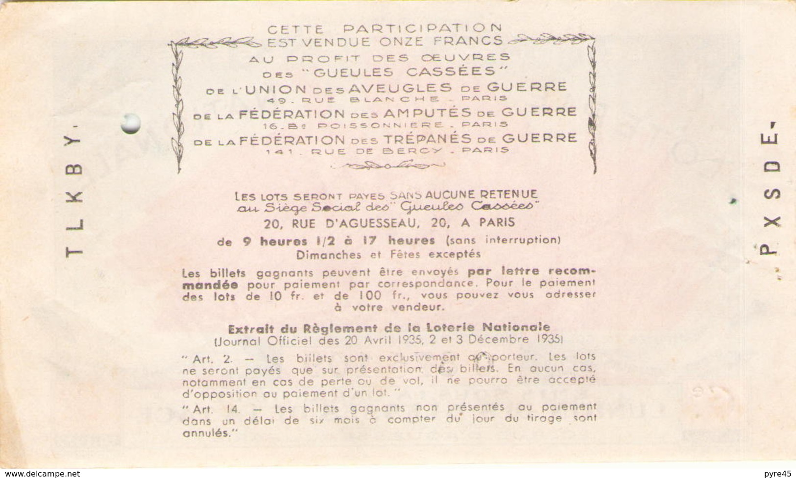 Billet De Loterie Nationale Les Gueules Cassées 1937 6 ème Tranche - Billets De Loterie