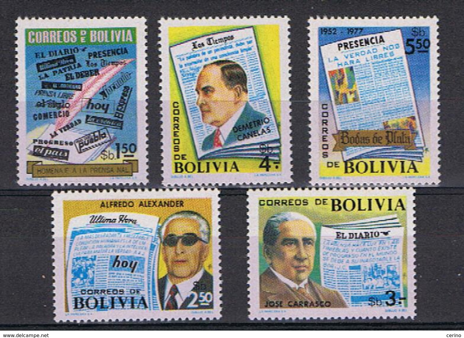 BOLIVIA:  1977  STAMPA  NAZIONALE  -   S. CPL. 5  VAL. N. -  YV/TELL. 559/63 - Bolivia