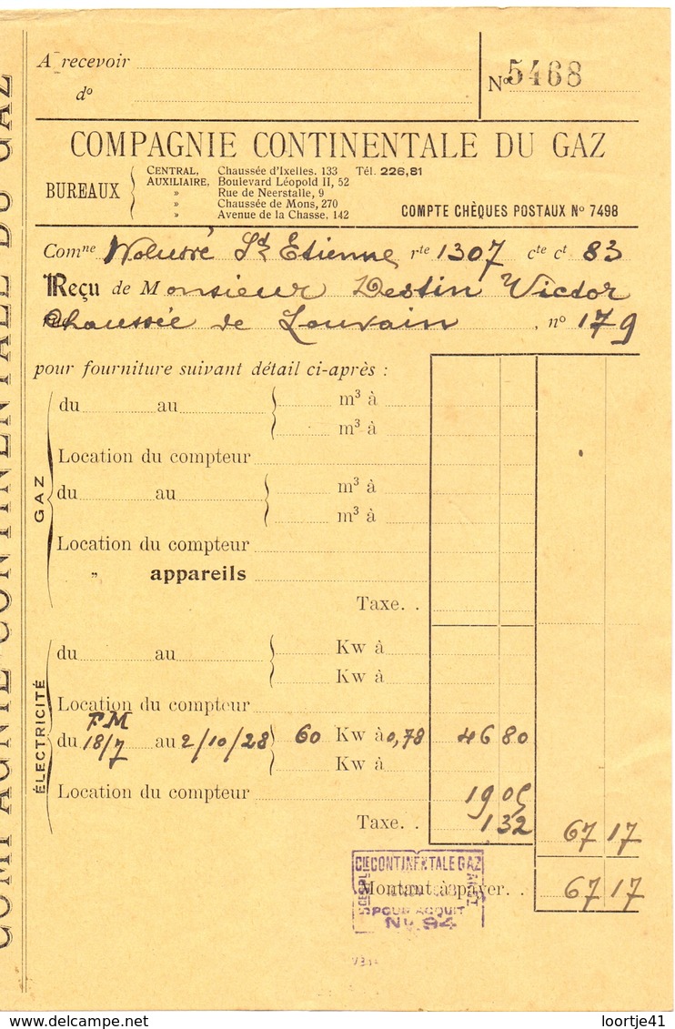 Factuur Facture  - Compagnie Continentale Du Gaz - Bruxelles 1928 - Electricity & Gas