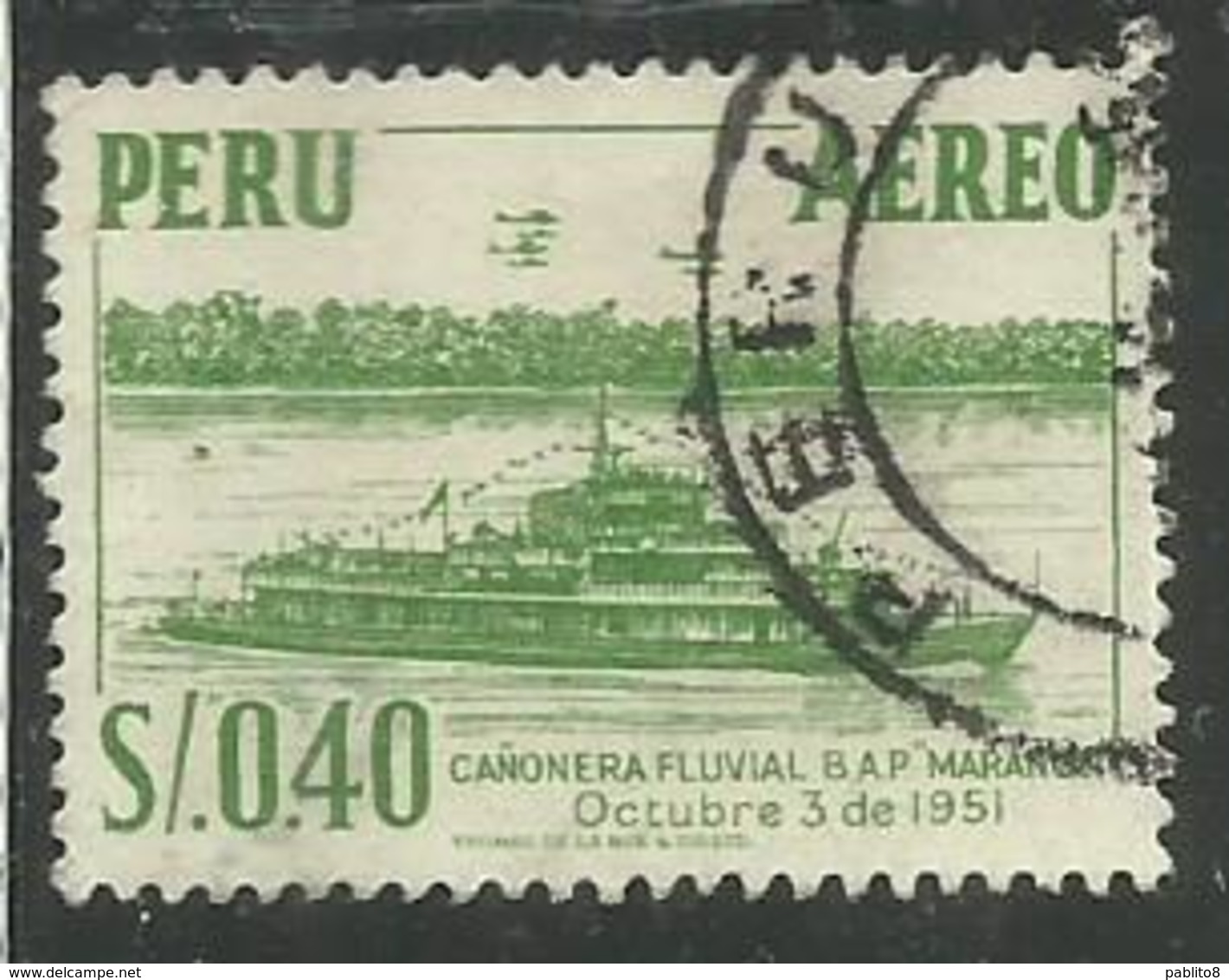 PERU' 1953 1960 AIR MAIL  RIVER GUNBOAT MARANON SOL 0,40 S USATO USED OBLITERE' - Peru