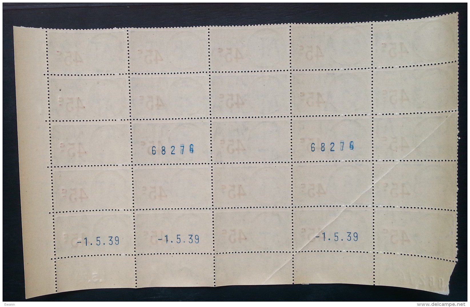 Planche 25 Timbres Fiscaux - 45c - Coin Daté 1.5.1939 - Neufs - Stamps
