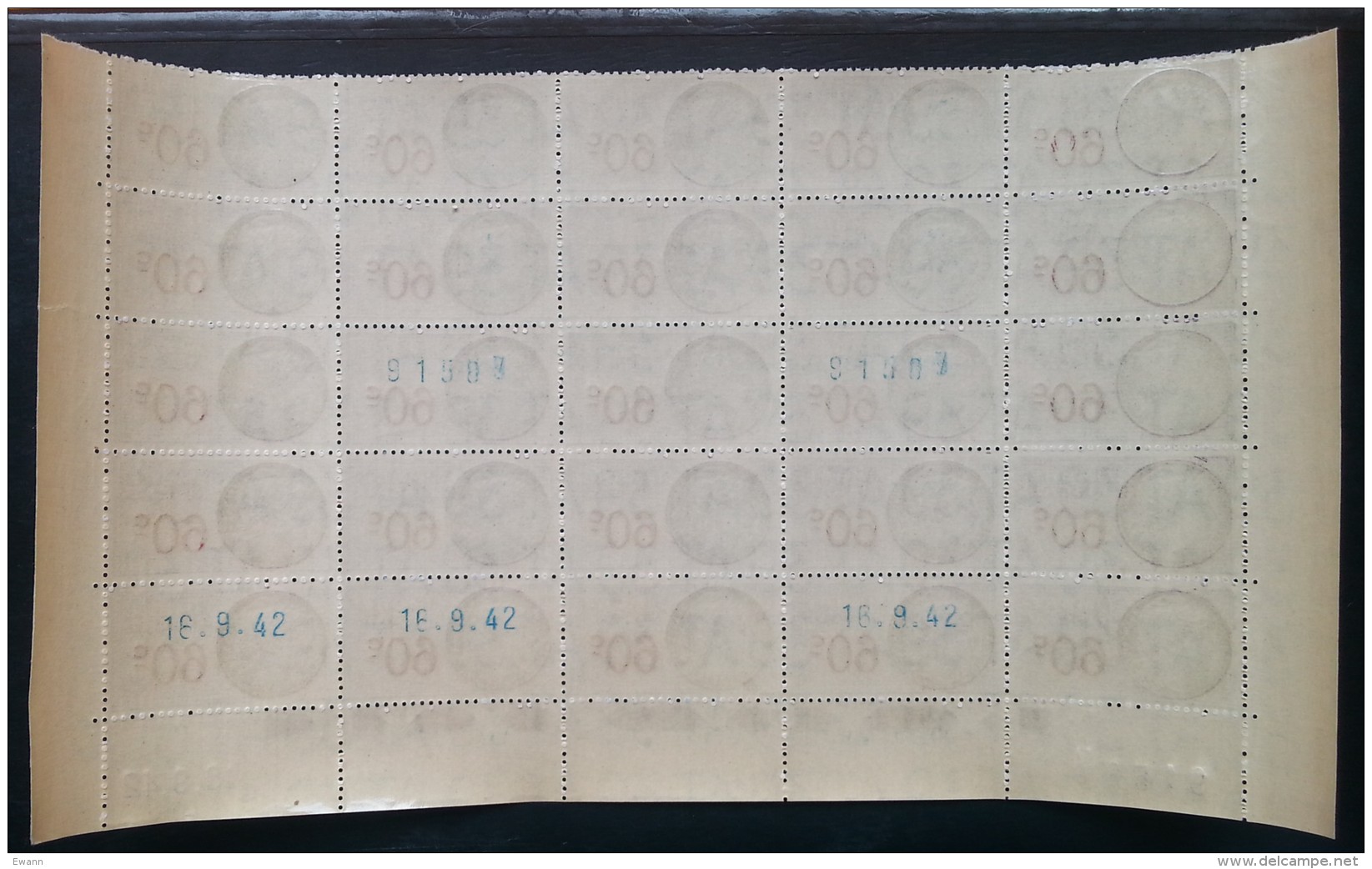 Planche 25 Timbres Fiscaux - 60c - Coin Daté 16.9.1942 - Neufs - Zegels