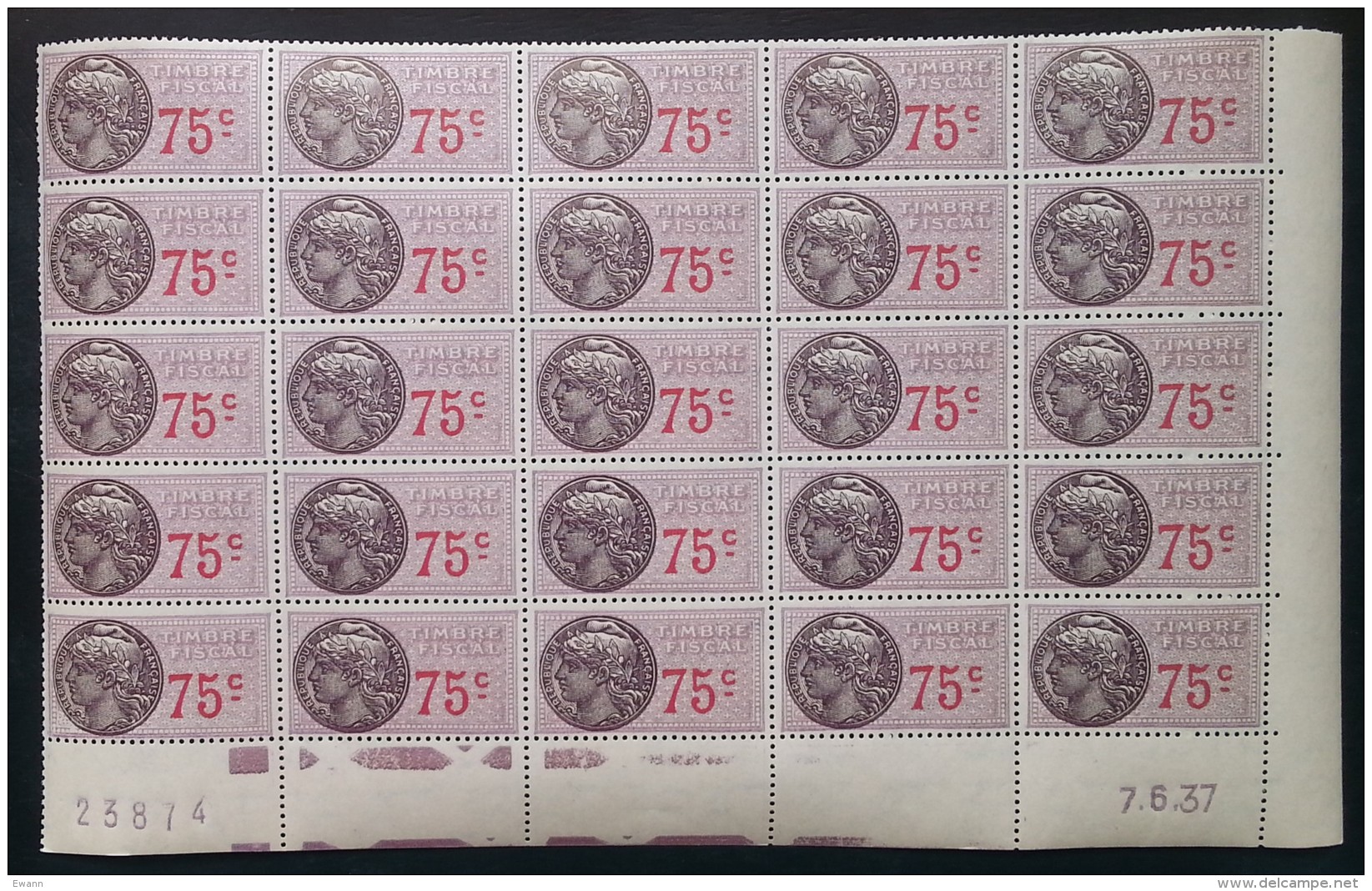 Planche 25 Timbres Fiscaux - 75c - Coin Daté 7.6.1937 - Neufs - Stamps