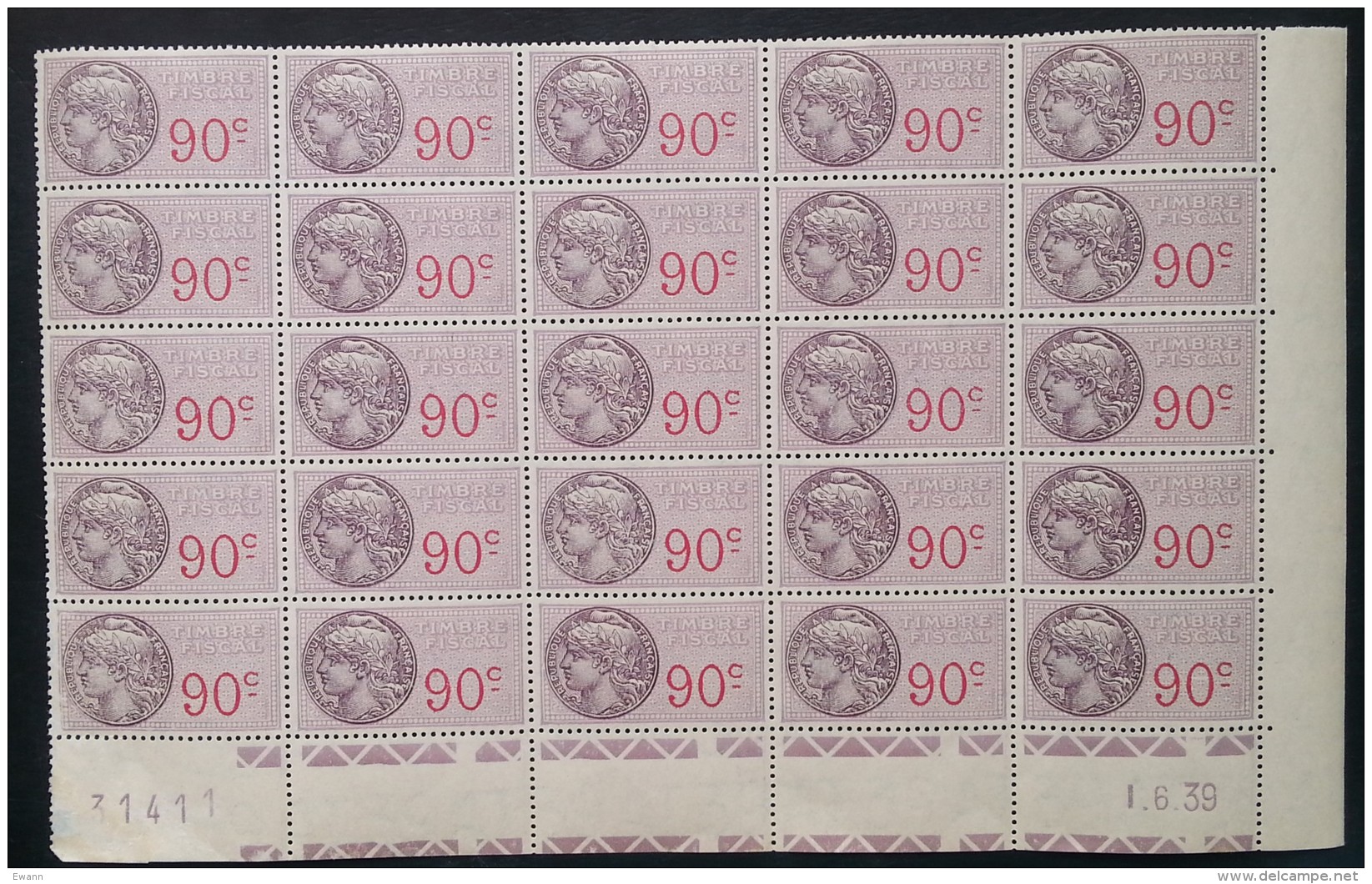 Planche 25 Timbres Fiscaux - 90c - Coin Daté 1.6.1939 - Neufs - Stamps