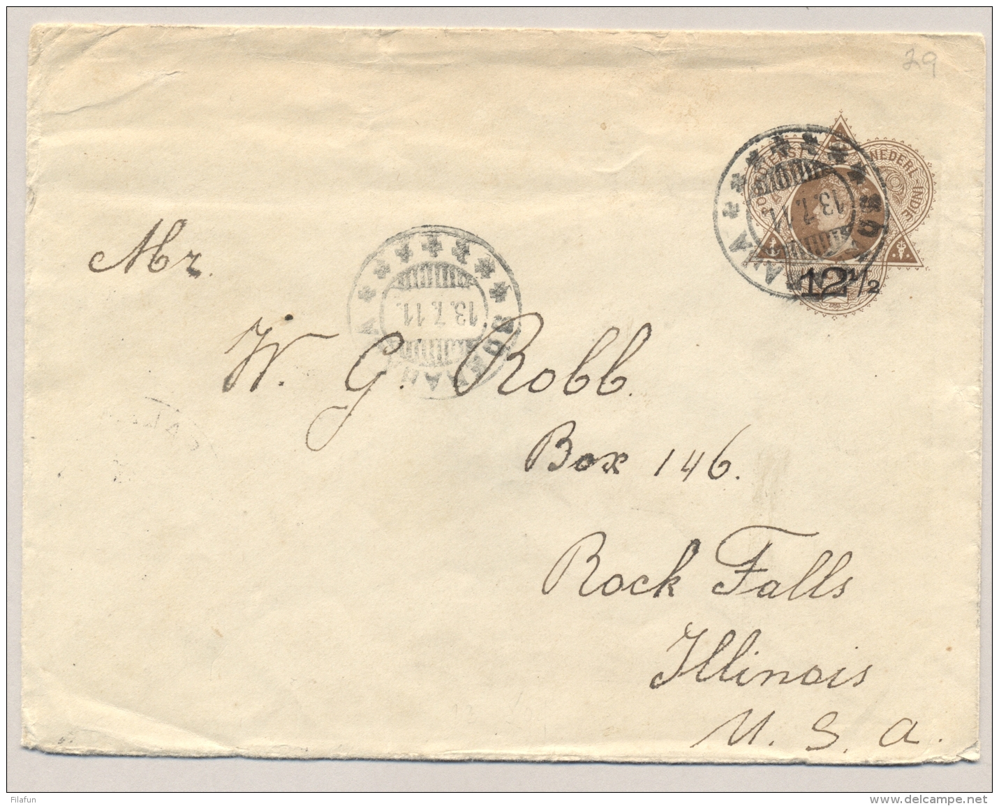 Nederlands Indië - 1911 - 12,5c Opdruk Op 15c Wilhelmina, Envelop G29, Van KB SOERABAJA Naar Rock Falls / USA - Nederlands-Indië