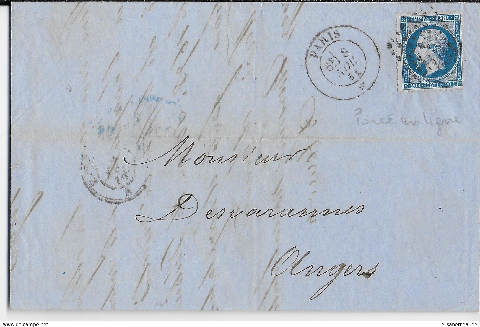 1861 - 20C EMPIRE PIQUAGE EN LIGNE RARE Sur LETTRE De PARIS - 1853-1860 Napoleon III