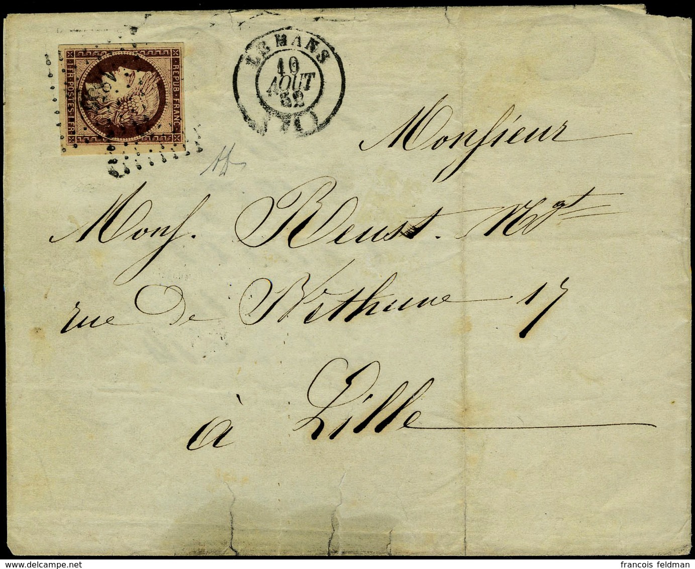 Lettre N° 6, 1f Carmin Bdf + Grandes Marges Obl PC Sur L Pour Lille, Timbre Superbe, Signé Diéna - Sonstige & Ohne Zuordnung