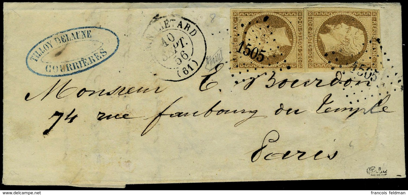 Lettre N° 9, 10c Bistre X 2 Sur L Obl PC 1505 Pour Paris T.B. Signé Calves - Other & Unclassified