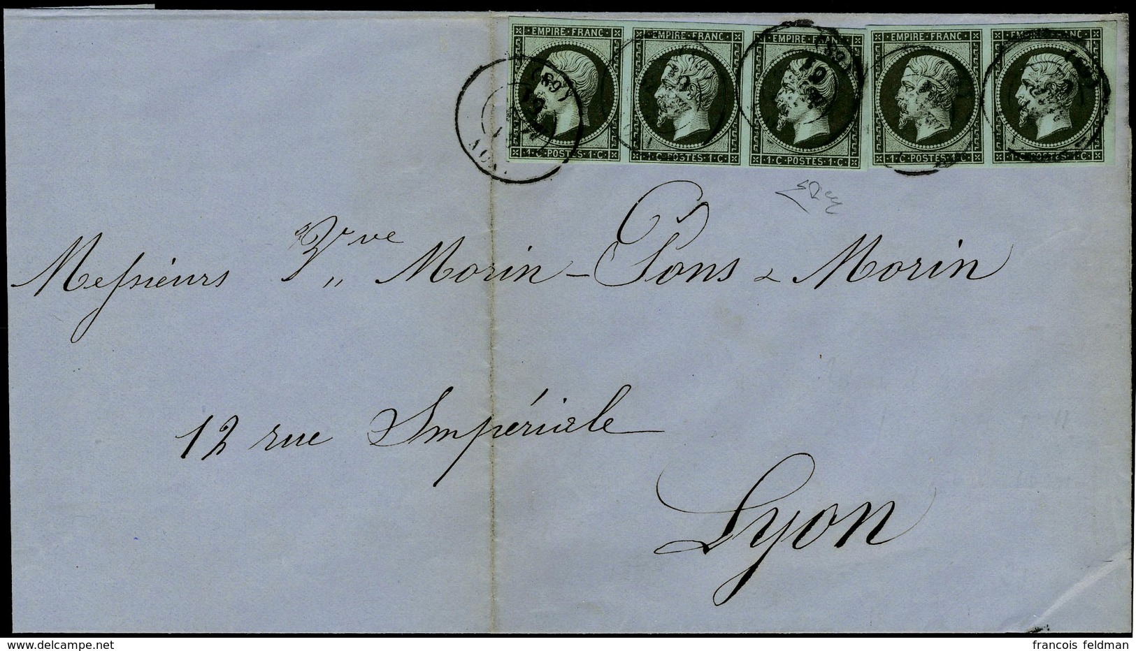 Lettre N° 11, 1c Olive Paire + Bande De 3, Tarif A 5c Sur Lettre Locale De Lyon 31 Mars 61  Rare, Signé + Certificat Die - Autres & Non Classés