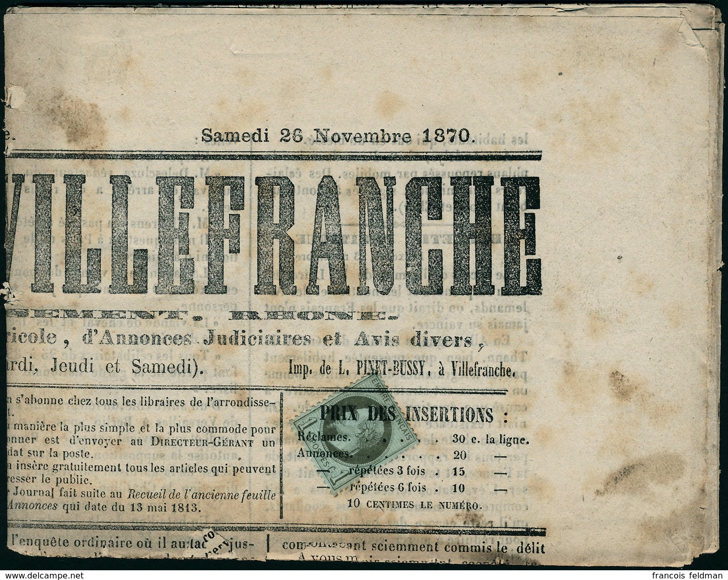 Lettre N° 25. 1c Empire Lauré, Seul Sur Journal Complet : Le Journal De Villefranche Du 26 Novembre 1870, Timbre  T.B.,  - Sonstige & Ohne Zuordnung