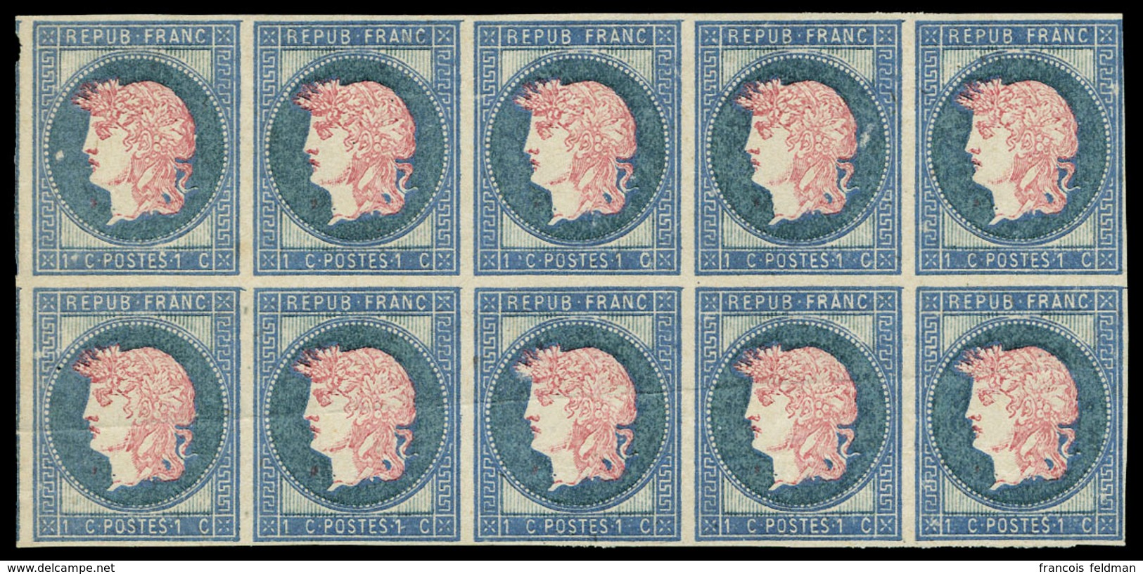 Neuf Sans Gomme Projet Gaiffe 1876, 1c Bleu Effigie Rose, Bloc De 10 (5ex Léger Pli) Maury. - Andere & Zonder Classificatie