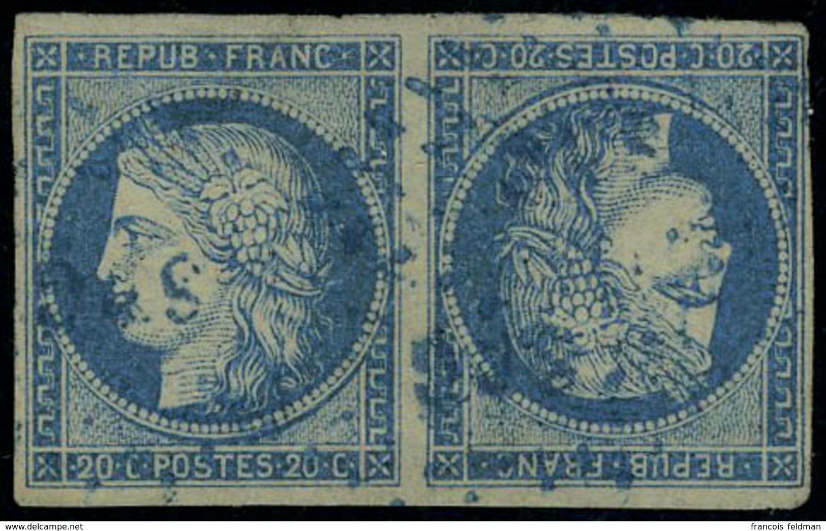 Oblitéré N° 11a, 20c Bleu Paire Tete Beche Obl SNG En Bleu, T.B. RRR, Signé + Certificat Brun. Maury - Otros & Sin Clasificación