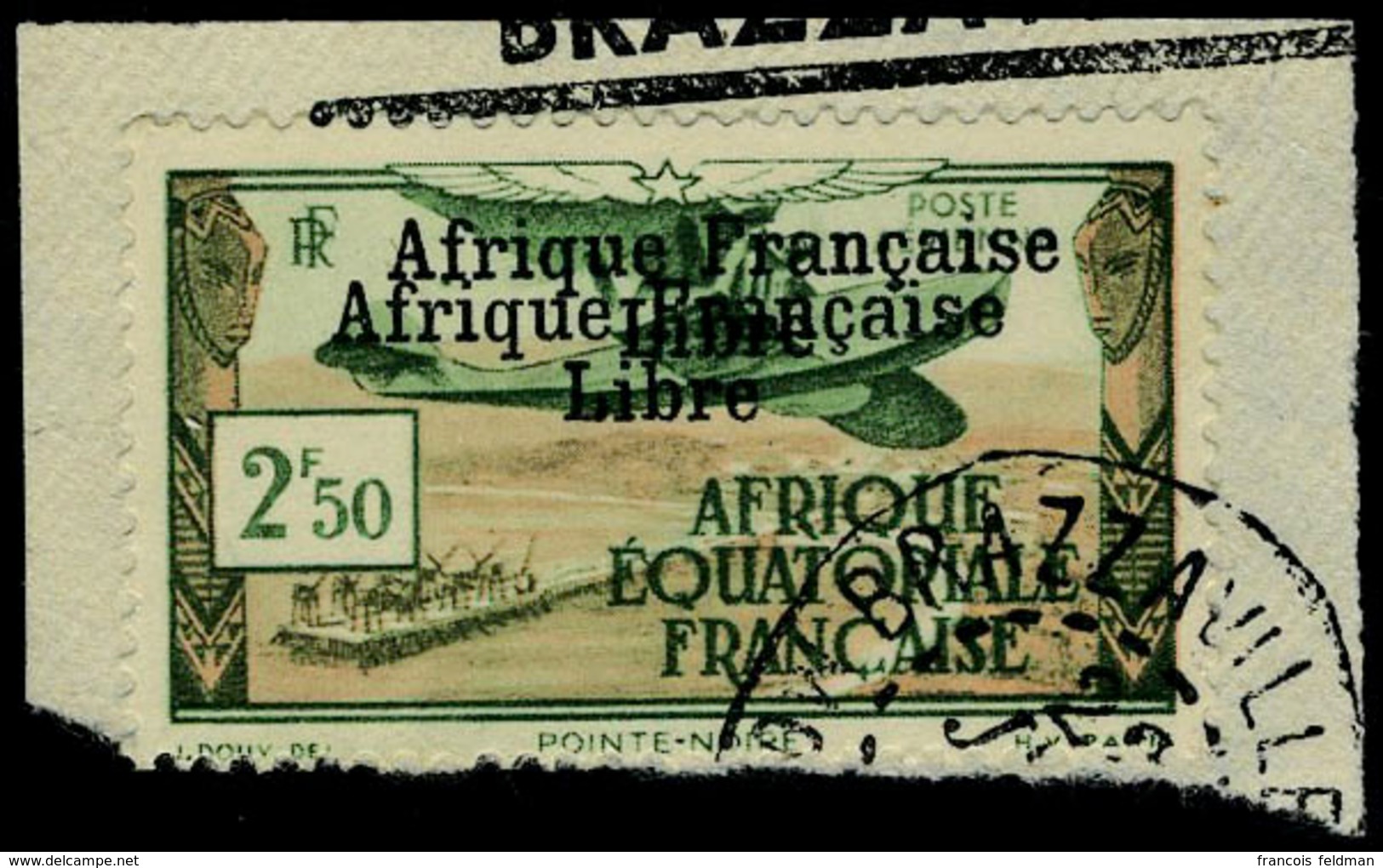 Fragment N° 15b, 2f50 Afrique Francaise Libre, Double Surcharge Sur Petit Frgt T.B. Signé JF Brun - Sonstige & Ohne Zuordnung
