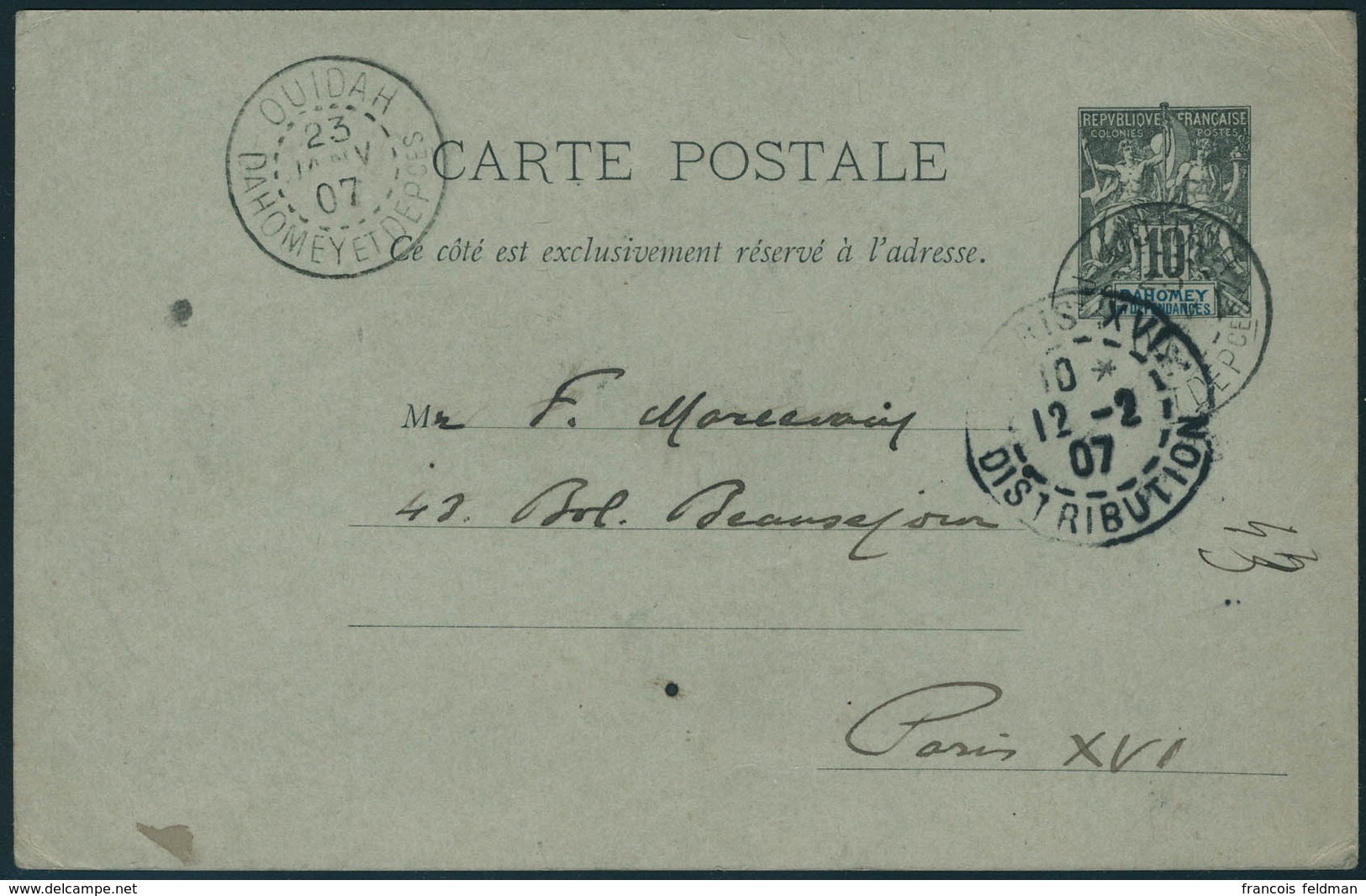 Lettre N° 9A. Entier Postal, Type Groupe 10c Noir Et Bleu, CàD Ouidah 23 Janv 07, Pour Paris. T.B. - Otros & Sin Clasificación