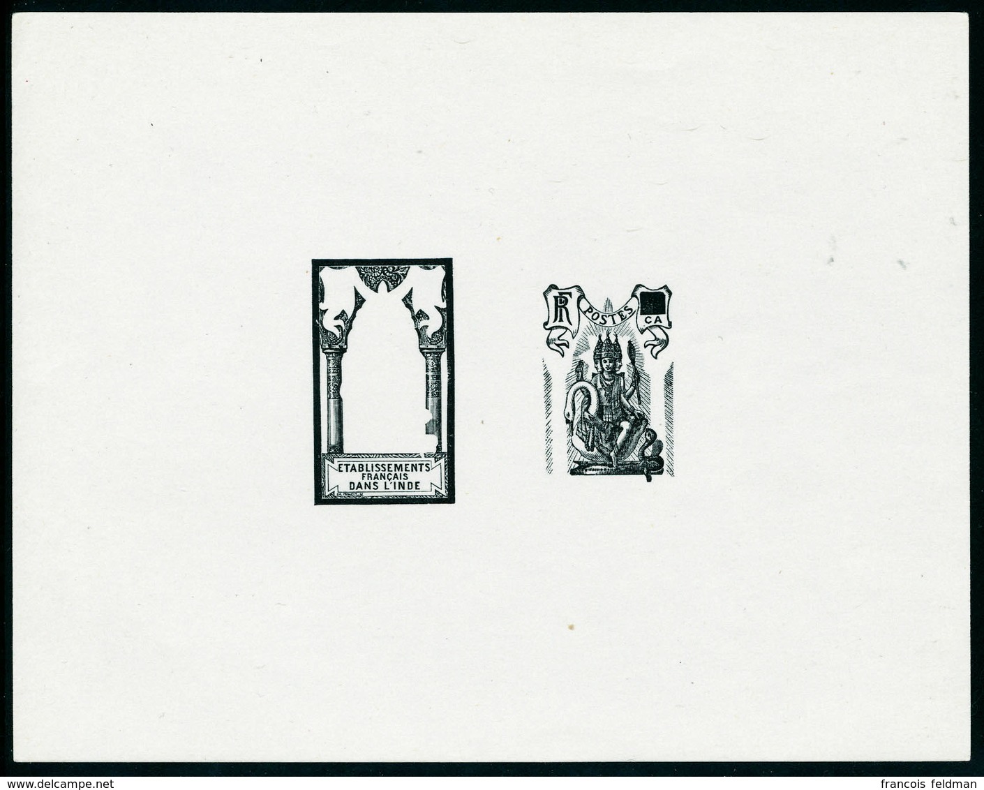 Type Brahma De 1929, épreuve D'artiste En Noir, Décomposée : Centre + Cadre, Valeur Faciale Obturée, T.B. - Other & Unclassified