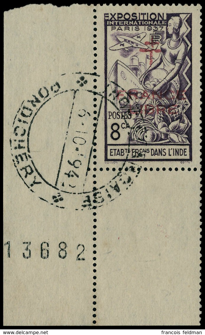 Oblitéré N° 183a, 8ca Violet (Expo De Paris), Surcharge Rouge, CdF Numéroté, CàD Complet (6.10.1942). T.B. Signé Calves. - Other & Unclassified