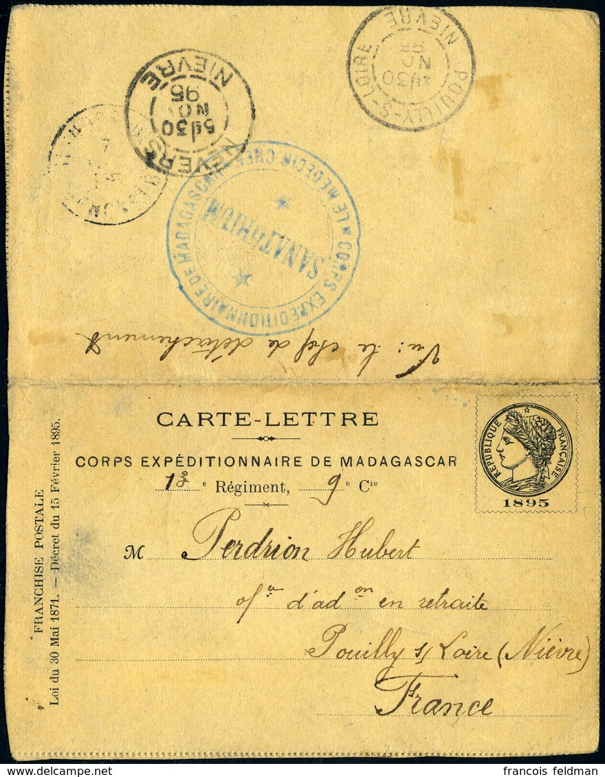 Entier Posale De 1895 Adressé à Pouilly Sur Loire Depuis Nossibe , Au Verso Cachet Du Sanatorium De Madagascar + Cachet  - Sonstige & Ohne Zuordnung