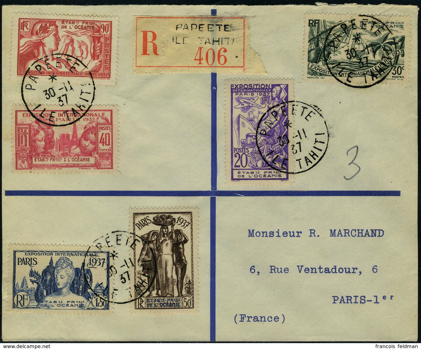 Lettre 121/126, Expo Intern De Paris 1937, La Série Complète Sur LR De Papeete 30.11.37 Pour Paris TB - Other & Unclassified