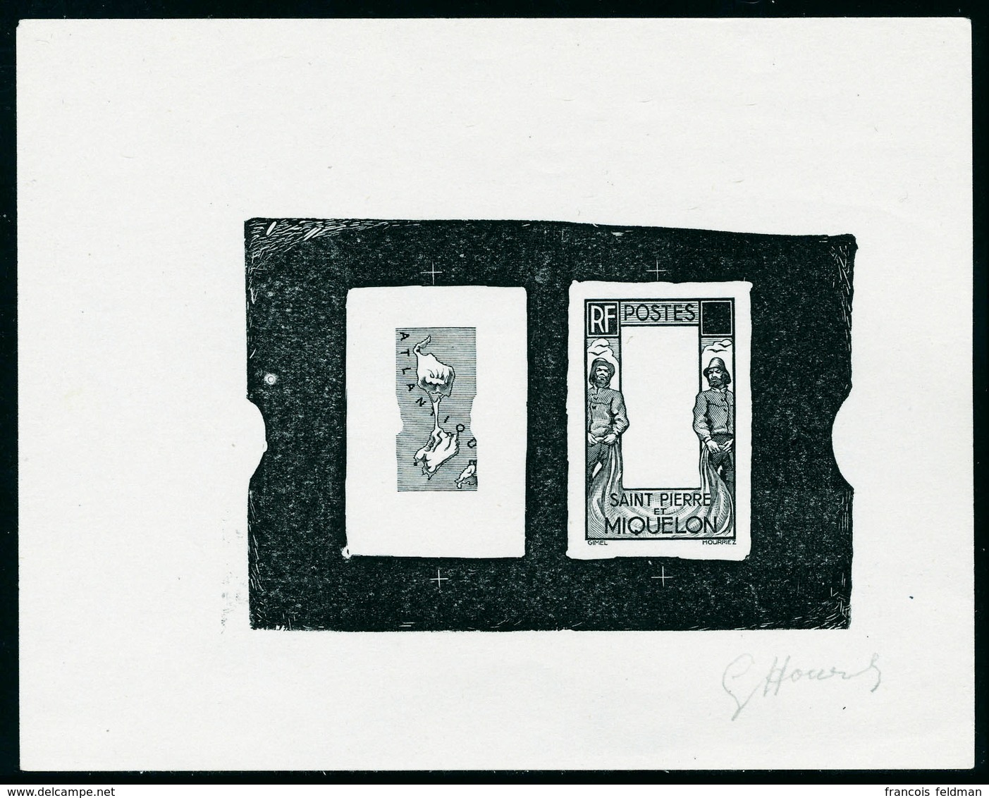 Type Carte De 1932, épreuve D'artiste En Noir Décomposée Centre + Cadre, Valeur Faciale Obturée, Signée Hourriez, T.B. - Autres & Non Classés