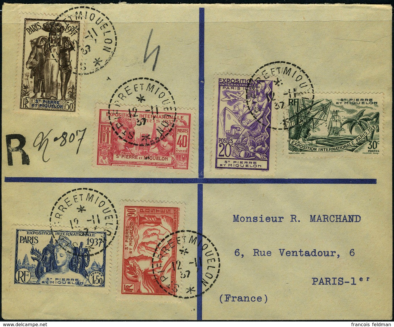 Lettre N° 160/65, Expo Intern De Paris 1937, La Série Complète Sur LR De St Pierre Et Miquelon 12.11.37 Pour Paris TB - Autres & Non Classés