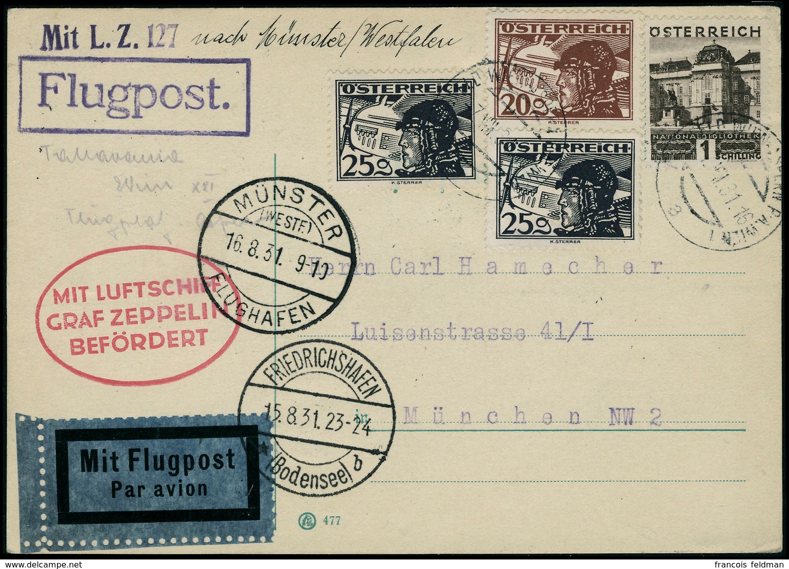 Lettre N°20 + 21x2 + T.P. N°388 S/C.P. Zeppelin Vol Friedrichshafen-Münster. CàD Wien 7.VIII.31 Friedrichshafen 15.8.31  - Other & Unclassified