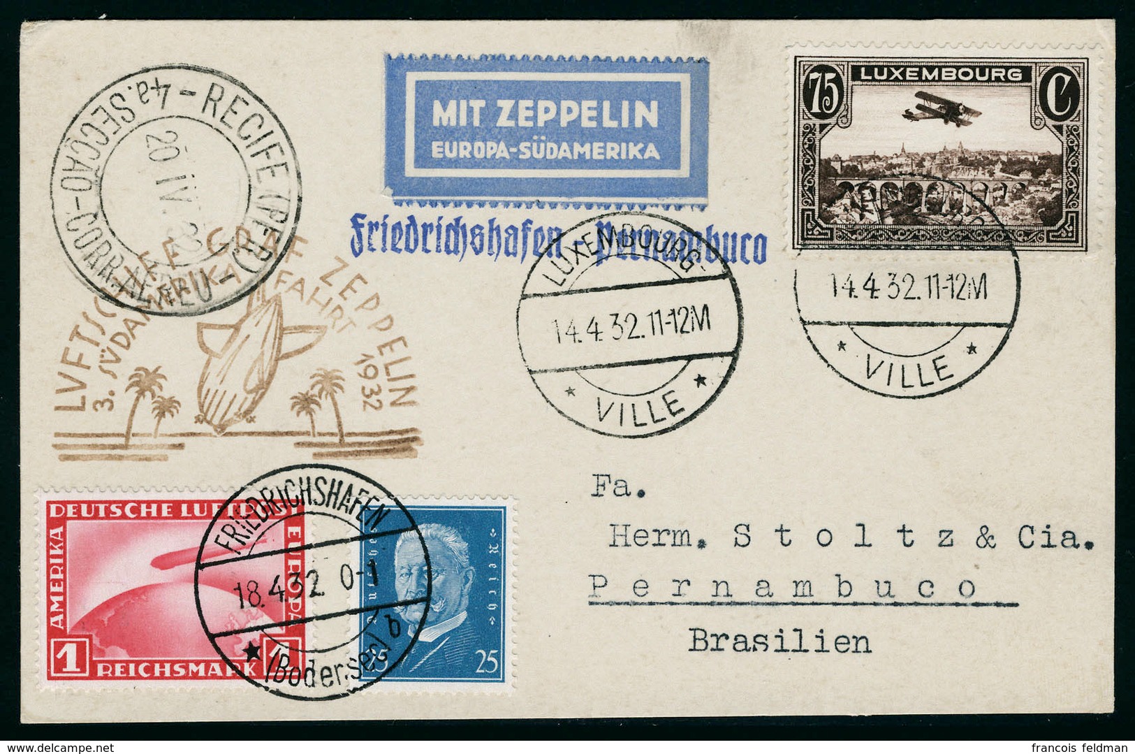 Lettre Zeppelin 3 SAF 1932. CP  Càd Luxembourg 14.4.32 Sur  PA N° 2 + Timbres D'Allemagne N° 407 Et PA N° 35 Obl. Friedr - Sonstige & Ohne Zuordnung