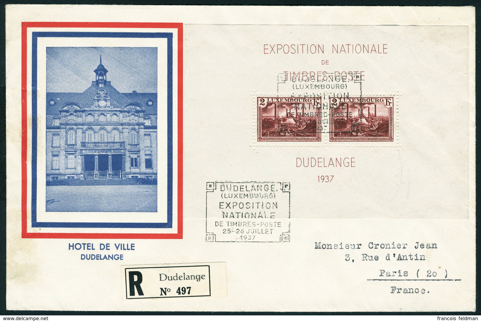 Lettre N° 2, Le Bloc Sur LR Pour La France, Obl. 1er Jour 25 Juillet 1937. T.B. - Otros & Sin Clasificación